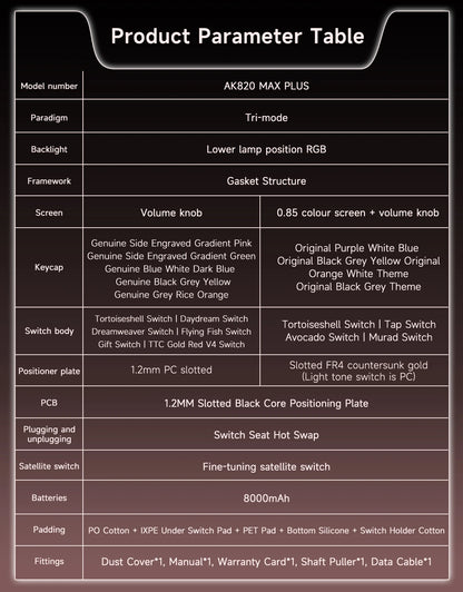 AJAZZ AK820 MAX PLUS Tri-mode TFT Screen Gaming Keyboard 8000mAh dual system hot swap FR4/PC Plate Volume Knob