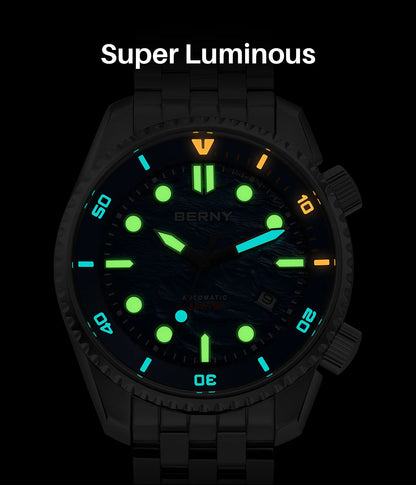 BERNY Automatic Diver Watch for Men Top Luxury Sapphire 316L Steel Blue Dial 200M Waterproof Mechanical Diving Men's Watches