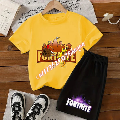 Conjunto de T-shirt e calções Fortnite Series para criança, top e calças inspirados em jogo popular, outfit de verão para casa, confortável e adorável, presente de aniversário