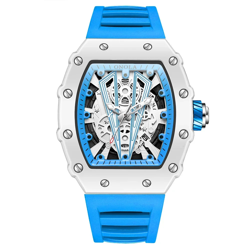 Gift Box Watches for Man ONOLA 3826W Trend White Men Watch Tonneau Calendar Waterproof Silicone Strap Relogios Masculino