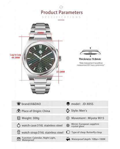 IX&DAO 2025 Novo Relógio Masculino Warrior Automático Mecânico 37mm Movimento Miyota 9015 Safira Aço Inoxidável Impermeável 10Bar BGW
