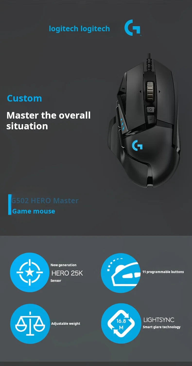 Rato Gaming com Fios Logitech G502 HERO de Alto Desempenho, Sensor HERO 25K, 25,600 DPI, RGB, Pesos Ajustáveis, 11 Botões, Rato para PC/Mac