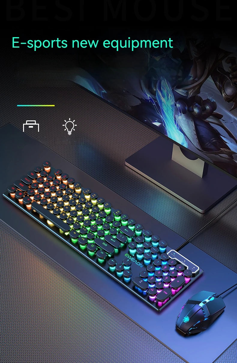 EWEADN GX330 Typewriter Gaming Keyboard, 104 Keys Wired Retro Punk Round Keycaps, with RGB Backlit, for Windows Laptop PC Black