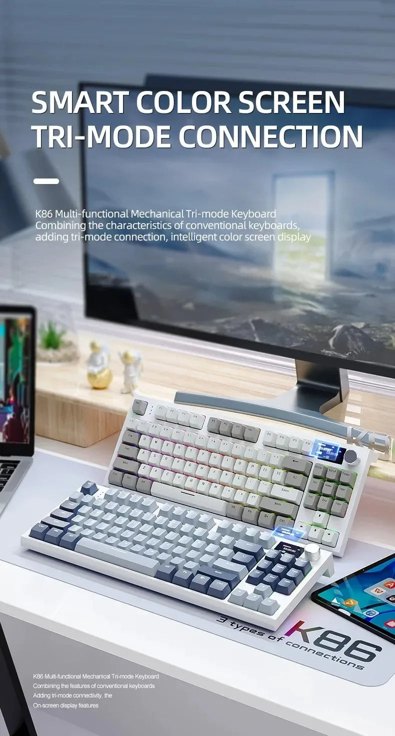 Attack Shark K86 Wireless Mechanical Keyboard, TFT Display, Metal Knob, RGB Backlit, Hot-Swappable, Bluetooth for Gaming & Office