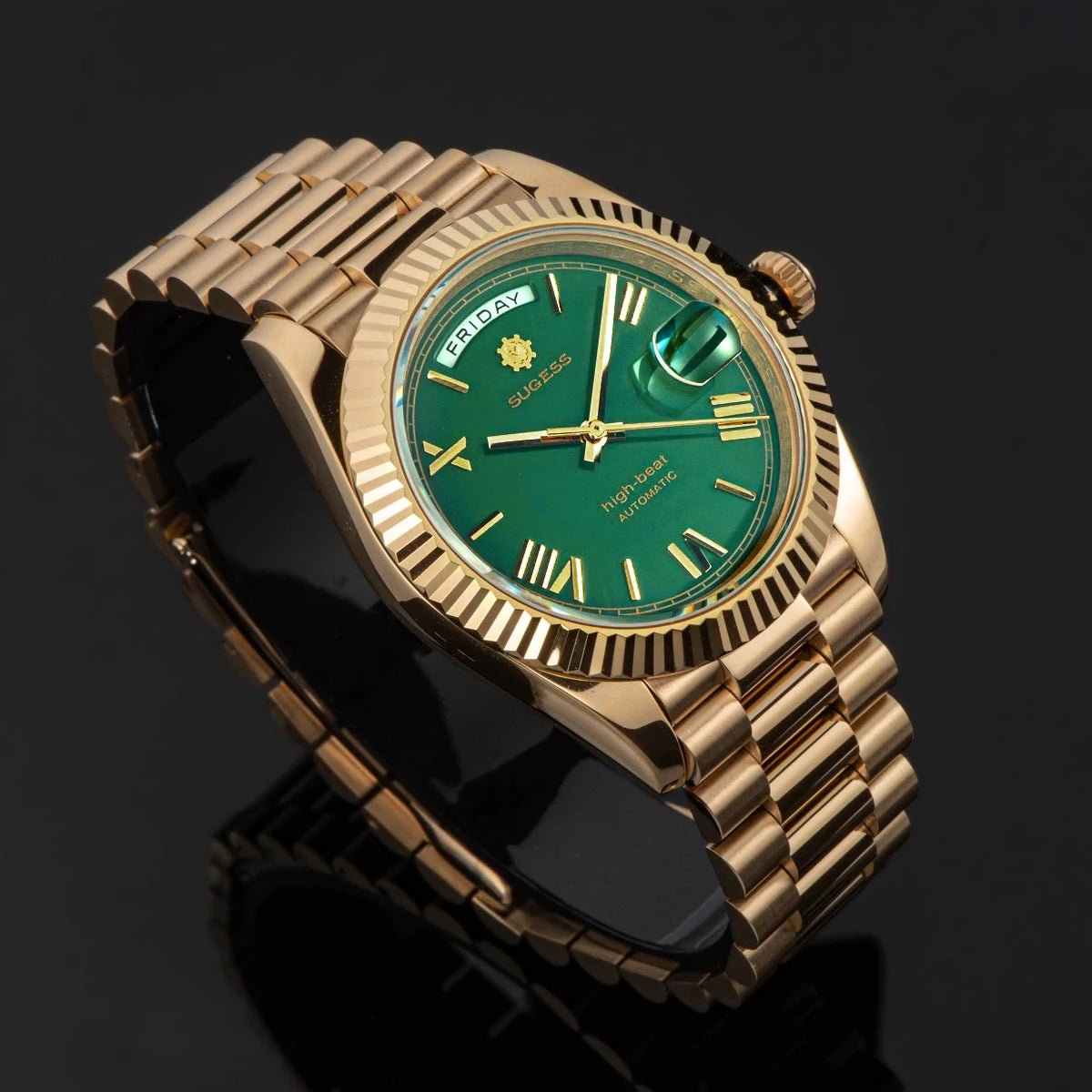 Sugess Watch Mens 40mm Date Day Automatic Dandong Peacock SL3034 Movement Retro Mechanical Wristwatch Sapphire Glass Golden New
