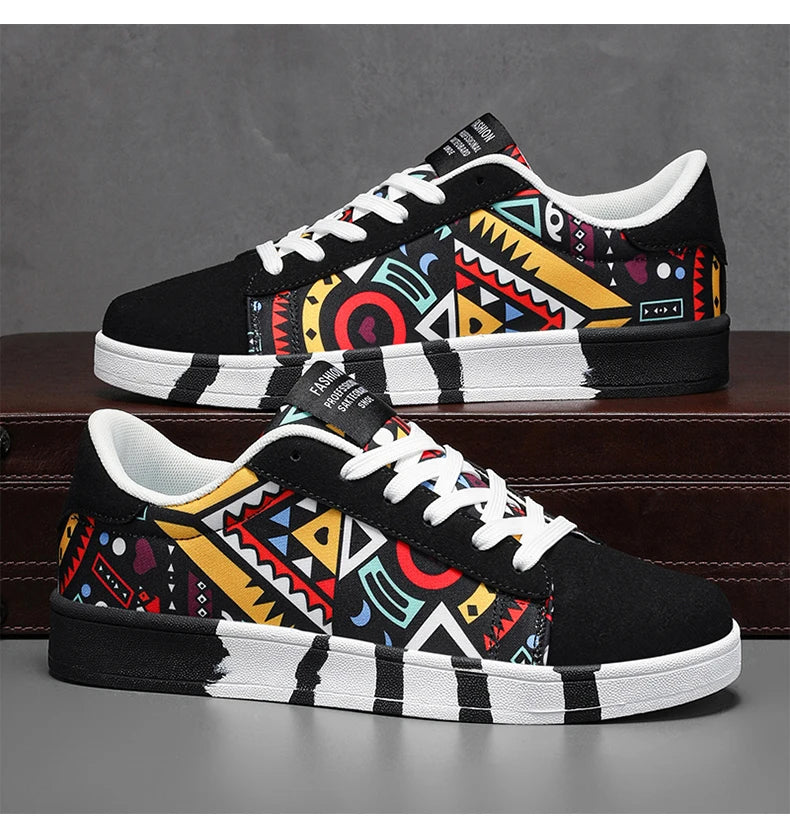 YRZL Sapatilhas de corrida desportivas para homem em lona, estilo geométrico, com atacadores, sapatilhas de casal com estampado graffiti moderno, sapatos de skate para homem