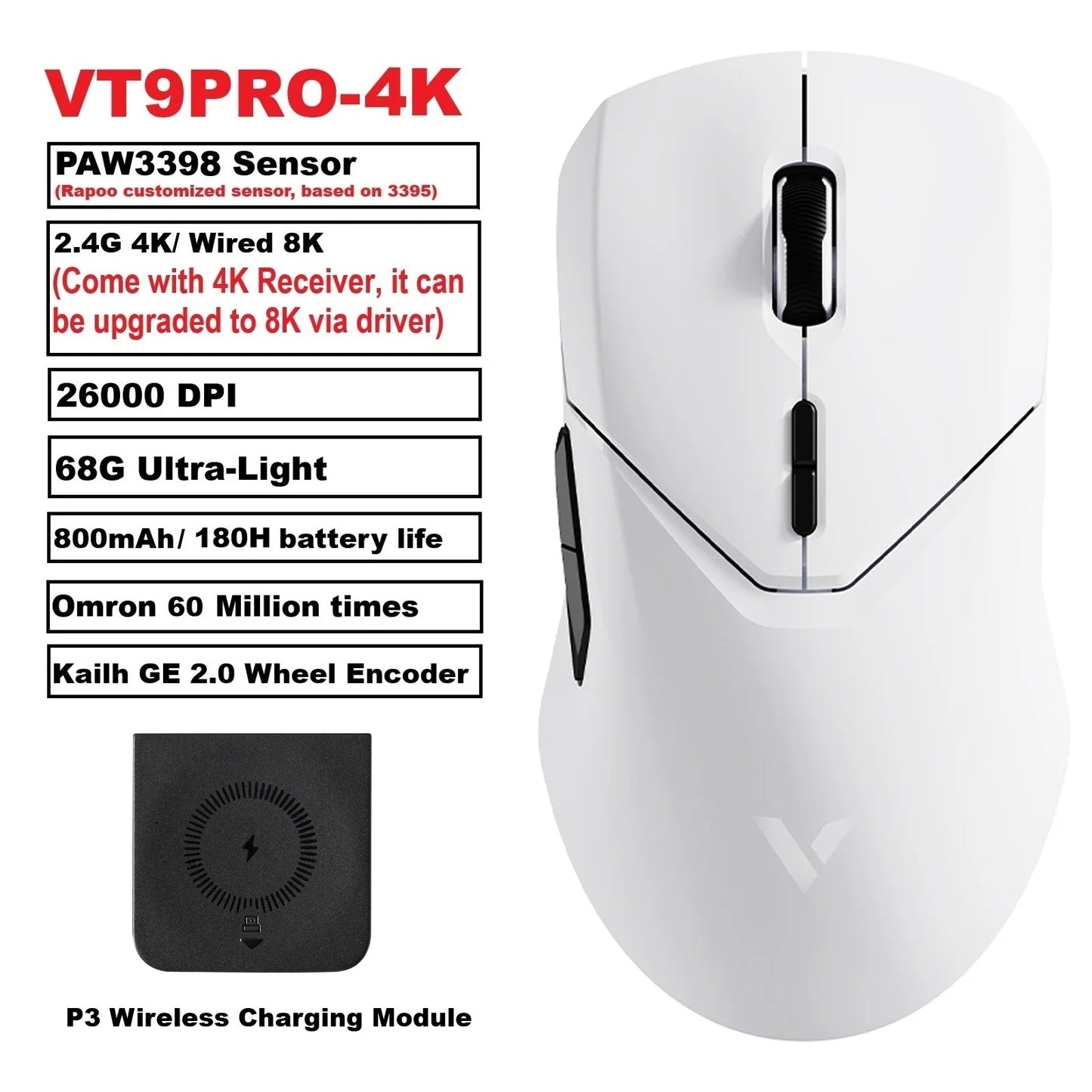 Rapoo VT9PRO PAW3398 Wireless Gaming Mouse 68g Wired Programmable Ergonomic Mice 26000DPI Type C Rechargeable PC Gamer Accessory