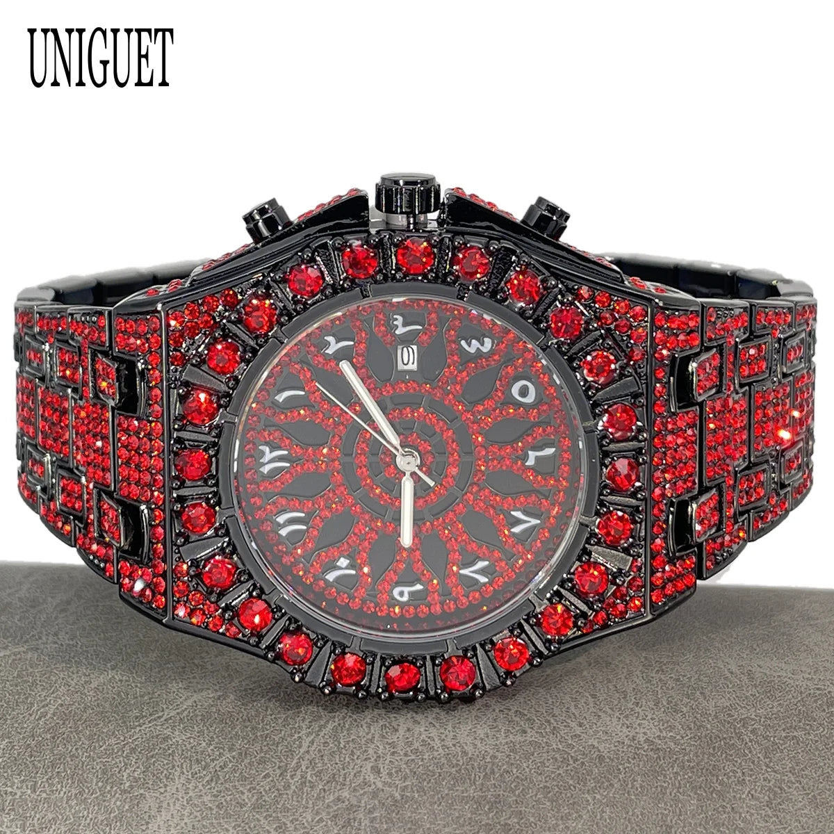 UNIGUET Hip Hop Wristwatch For Men Luxury lce Out Full Diamond Watches Fashion Green Watch Waterproof Clock Man 2026 Hot Sale