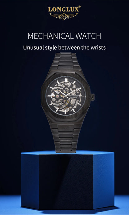 LONGLUX automatic watch business mechanical watches simple skeleton waterproof stainless steel cost effective mens watch gift