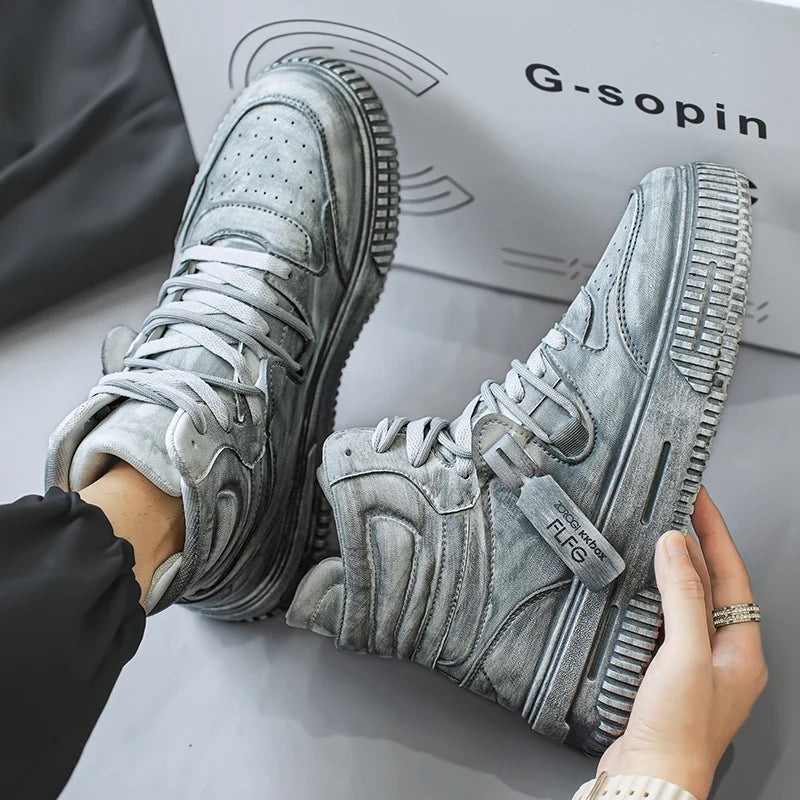 Autumn and winter high top men's shoes fashion trend retro gray children's and young men's parent-child shoes work sports and le