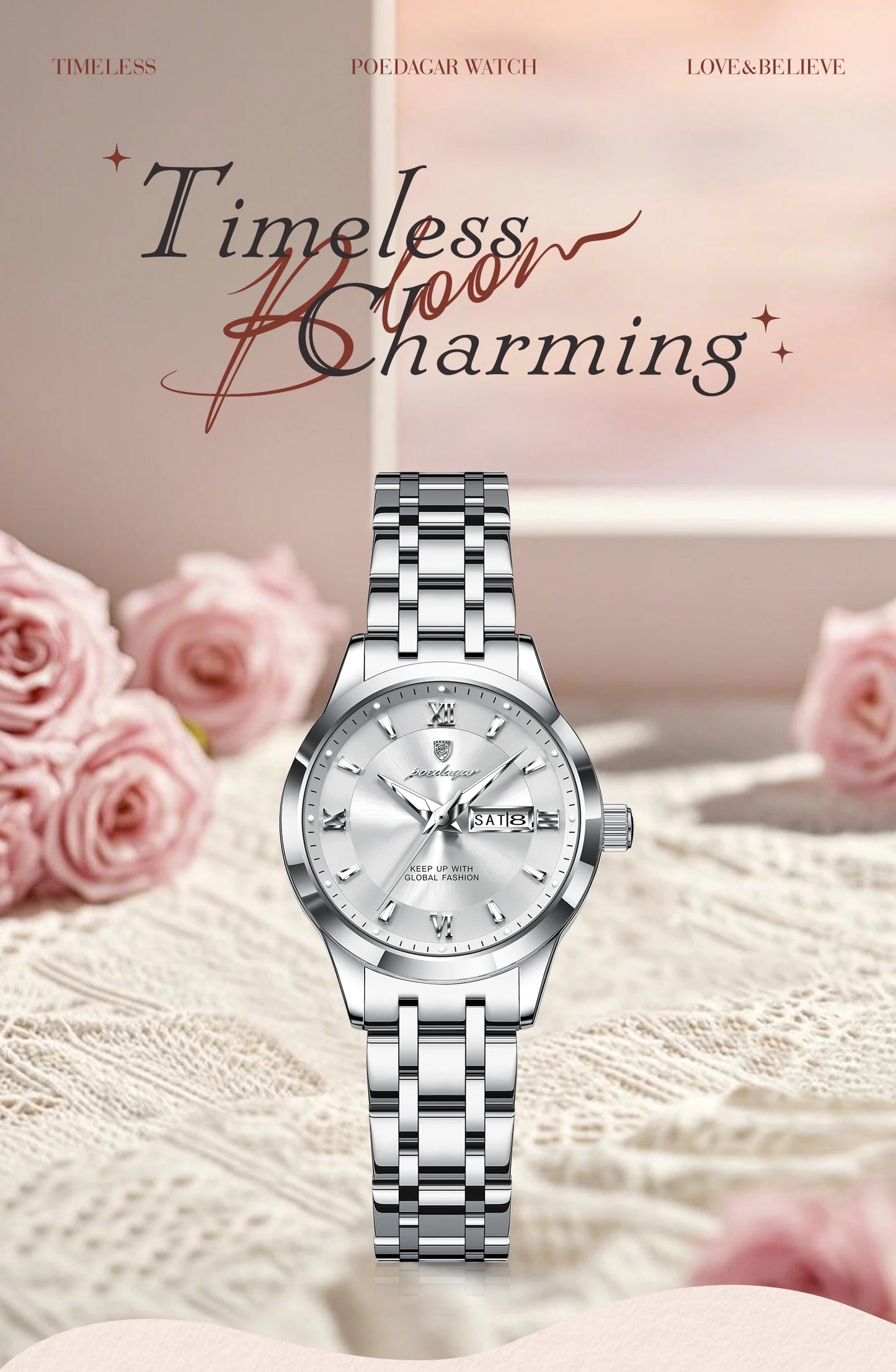 POEDAGAR Luxury Elegant Woman's Watches Luminous Waterproof Stainless Steel Ladies Wristwatch Quartz Week Date Women Watch Reloj