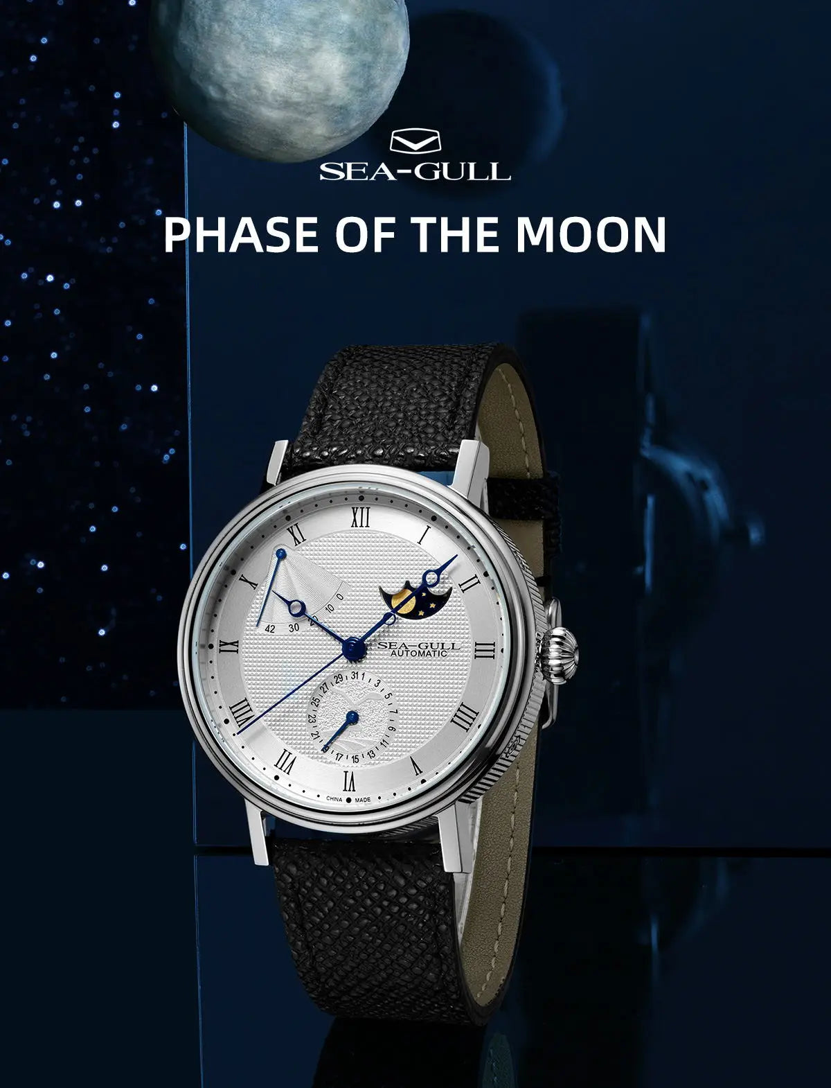 Seagull Men's Business Wristwatch Moon Phase Leather Luxury Automatic Mechanical Men's Watches 50M Waterproof Relogio 6092