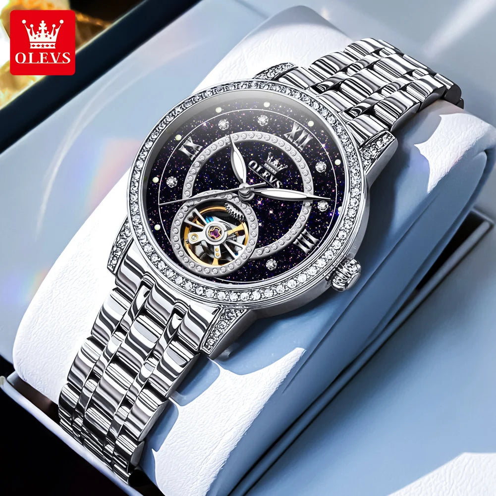 OLEVS Brand Fashion Women Mechanical Watches Starry Sky Dial Diamond Automatic Wristwatch Ladies Waterproof Luminous Clock Women