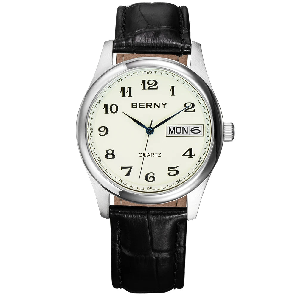 BERNY Quartz Watch for Men Miyota 2405 Business Male Wristwatch Day Top Calendar Genuine Leather Classic Men Watches Waterproof