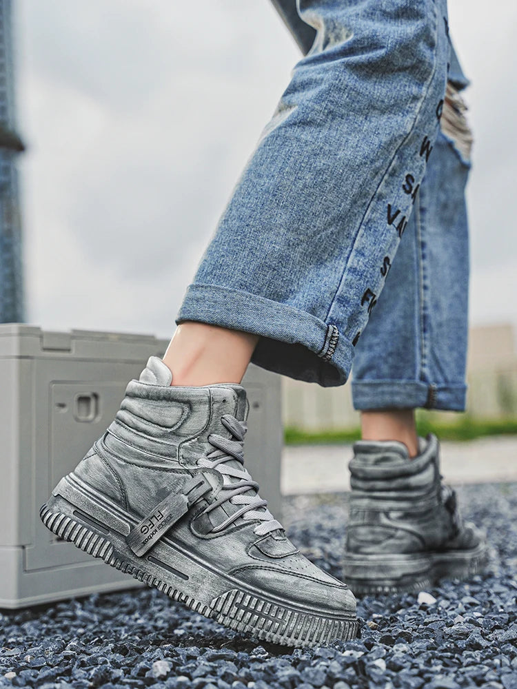 Autumn and winter high top men's shoes fashion trend retro gray children's and young men's parent-child shoes work sports and le