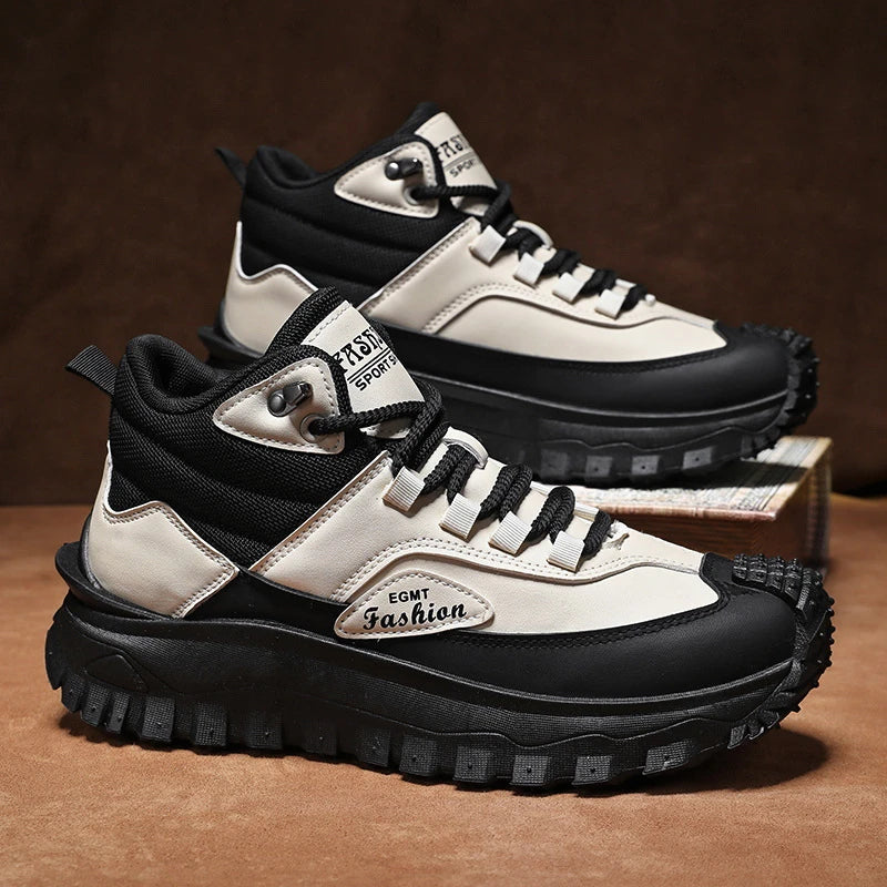 Men'S Black And White Mid Top Hiking Boots Waterproof Leather Platform Sneakers Non Slip Outdoor Casual Shoes With Rugged Sole