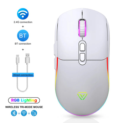 Rato Tri-Mode 2.4G sem fios/Bluetooth/com fios, DPI ajustável em 6 níveis, bateria de 500mAh, iluminação RGB, rato de gaming e eSports com macro para escritório