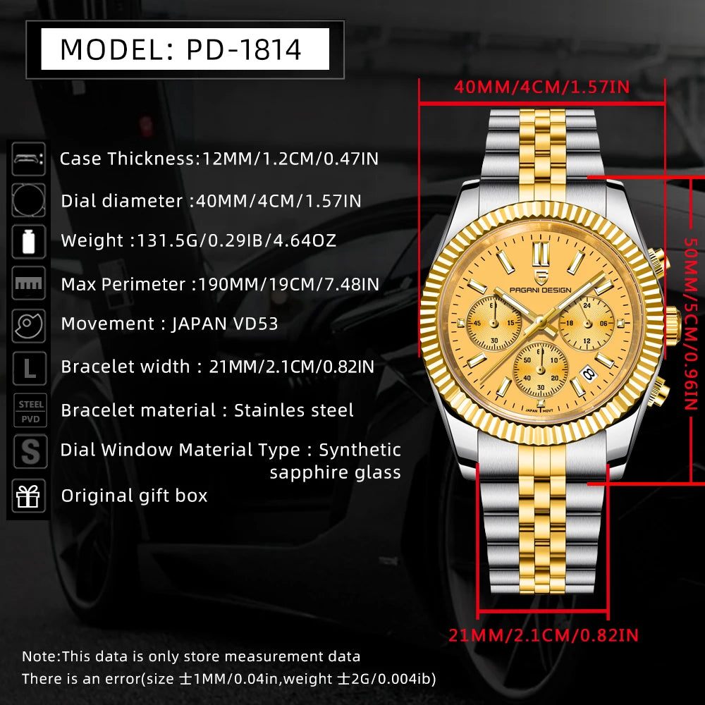 PAGANI DESIGN 2025 New VD53 luxury men quartz watch 40MM stainless steel sapphire waterproof 50m luminous C3 relojes para hombre