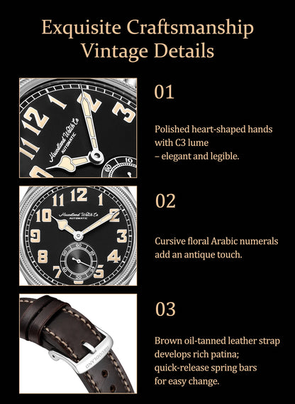 HRUODLAND Retro Flieger Automatic Watches for Men 38mm Seagull ST1701 Mechanical Wristwatch C3 Green Luminous K1 Mineral Bubble Crystal Oil Leather Strap Business Pilot Watch