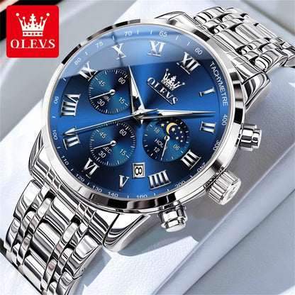 Relógio de Homem OLEVS 5529 de Marca Top Luxury, Impermeável, Luminoso, em Aço Inoxidável, com Fase Lunar e Código de Temporização, Novo Relógio de Quartzo para Homem