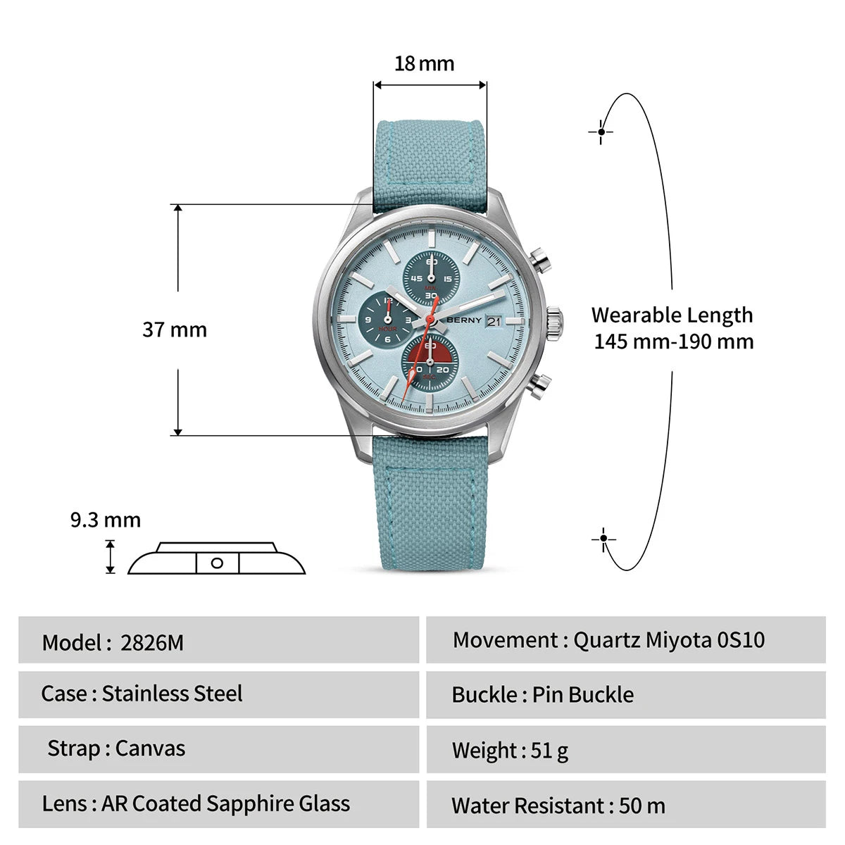 BERNY Chronograph Watch for Men/Women 37mm Dial Woven Fabric Sapphire AR Coated 5ATM Fashion Sport Calendar 316L Couple Watch
