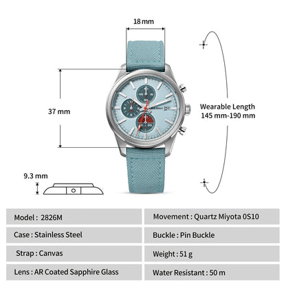 BERNY Chronograph Watch for Men/Women 37mm Dial Woven Fabric Sapphire AR Coated 5ATM Fashion Sport Calendar 316L Couple Watch