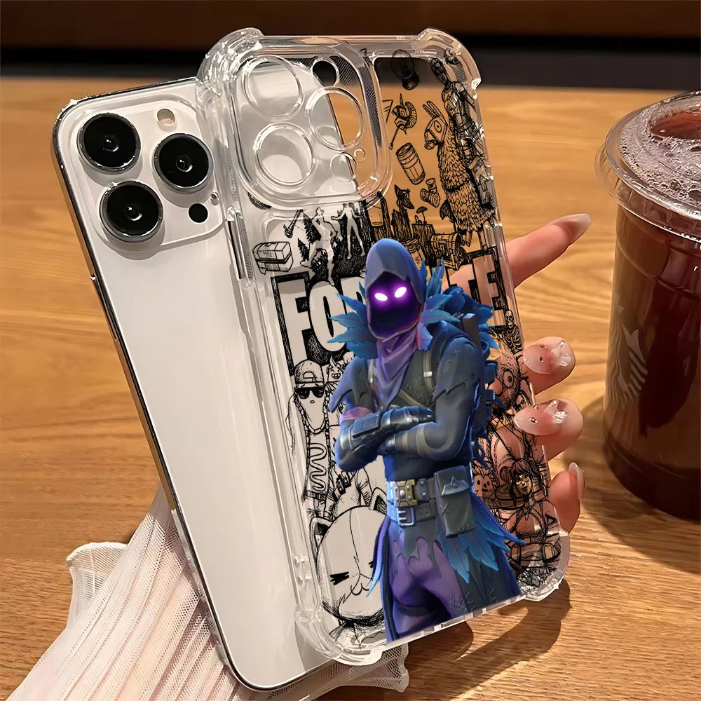 Capa de Telemóvel Fortnite para iPhone 17 16e 16 15 14 13 12 11 Mini Air Pro Max X XR XSMax 7 8 Plus, Transparente e Antiqueda