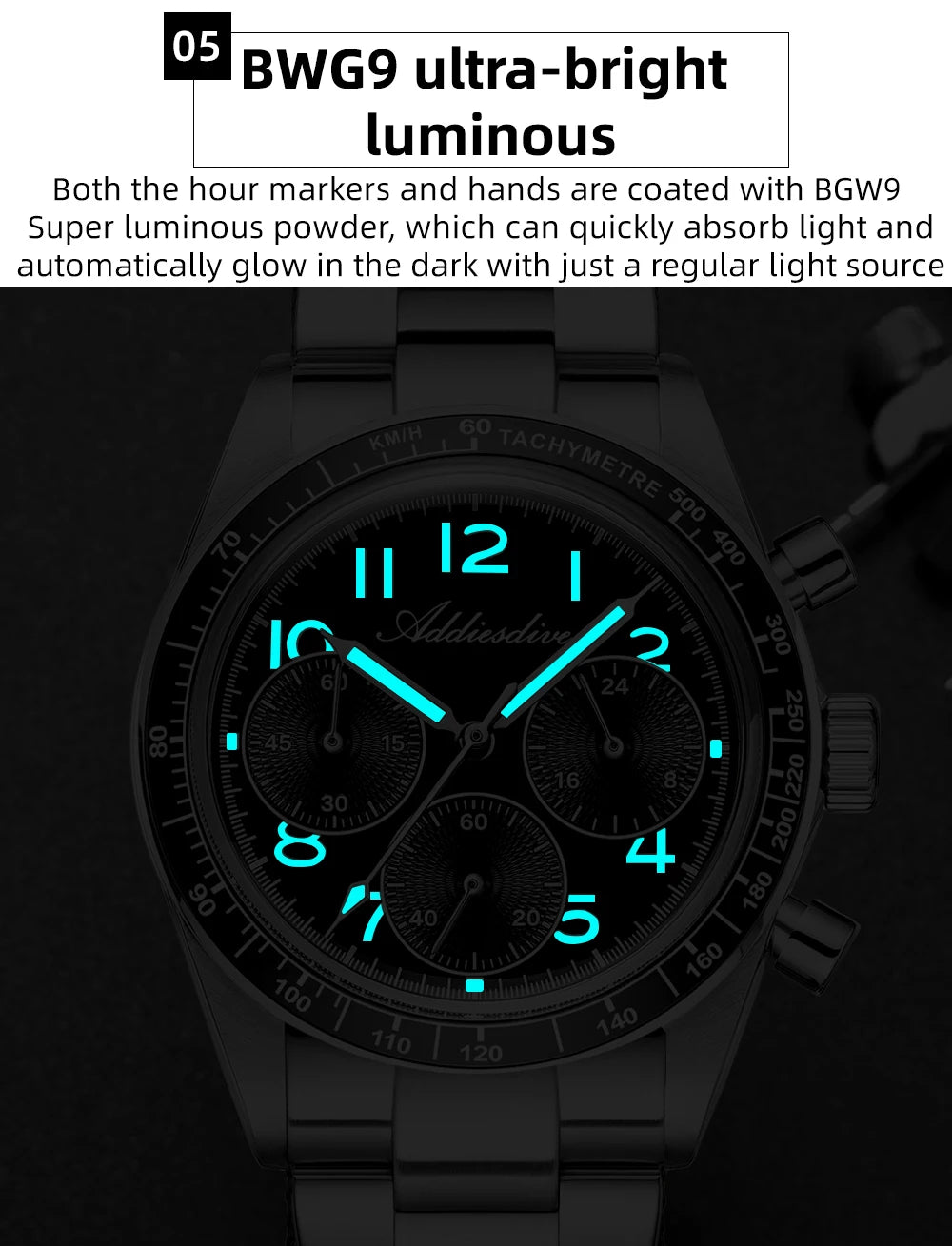 ADDIESDVIE Men Watch Reloj Hombre 10Bar Waterproof AD2517 BGW9 Super Luminous 316L Stainless Steel VK63 Chronograph Quartz Watch