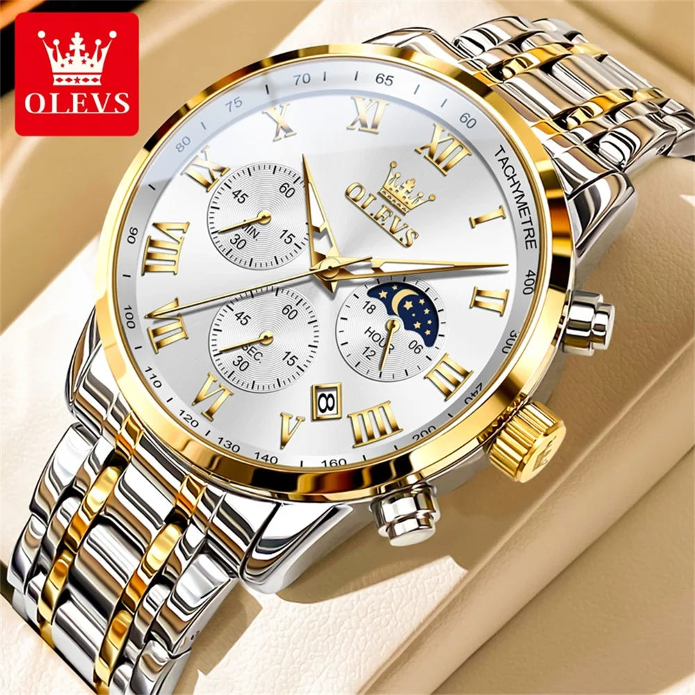 Relógio de Homem OLEVS 5529 de Marca Top Luxury, Impermeável, Luminoso, em Aço Inoxidável, com Fase Lunar e Código de Temporização, Novo Relógio de Quartzo para Homem