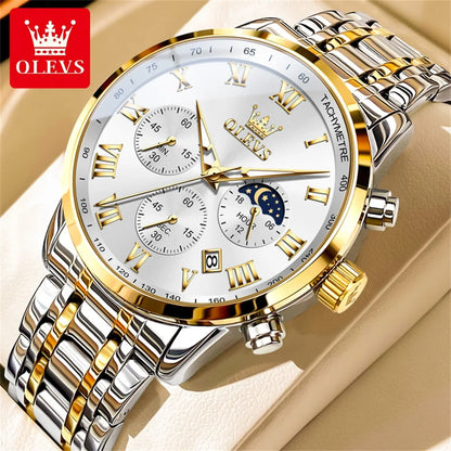 Relógio de Homem OLEVS 5529 de Marca Top Luxury, Impermeável, Luminoso, em Aço Inoxidável, com Fase Lunar e Código de Temporização, Novo Relógio de Quartzo para Homem