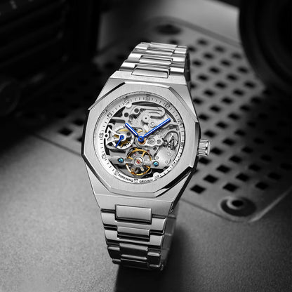 Forsining Tourbillon Skeleton Mechanical Watch for Men Luminous Hands Stainless Steel Strap Fashion Business Automatic Watches
