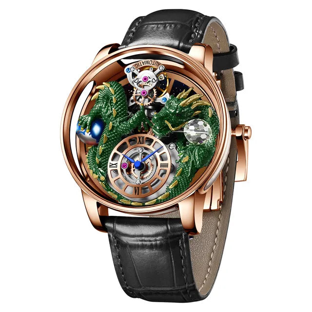 PINDU Design New 3D Dragon Earth Theme Quartz Watches Men Celestial Series Curved Mirror Transparent Design Watch Wristwatches