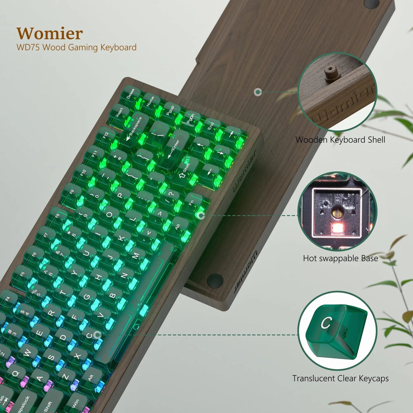 Teclado Gaming Mecânico em Madeira Womier WD75 QMK/VIA 8000mAh Tri-Mode Sem Fios, Personalizável, RGB e Hot Swappable