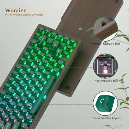 Teclado Gaming Mecânico em Madeira Womier WD75 QMK/VIA 8000mAh Tri-Mode Sem Fios, Personalizável, RGB e Hot Swappable