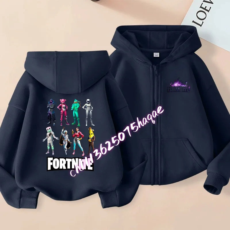 Novo hoodie infantil Fortnite com fecho de correr, estilo cartoon anime, casual e respirável, casaco para meninos, primavera 2026, roupa para criança