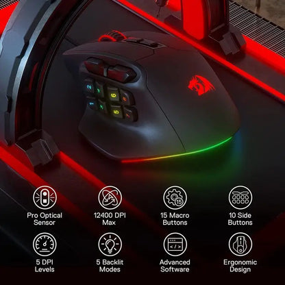 Rato Gaming MMO Redragon M811 Aatrox, rato gamer RGB com fios e 15 botões programáveis, com construção ergonómica para uma pega natural