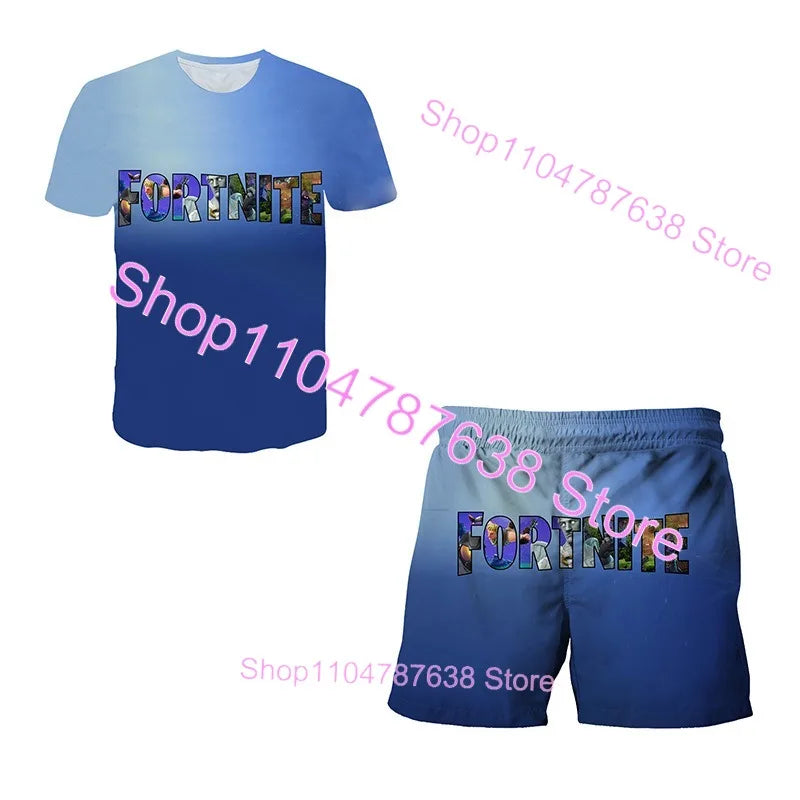 Conjunto Infantil 2 Peças F-Fortnited Victory 3D, T-shirt e Calções para Meninas e Meninos, Roupa Battle Royale, T-shirts Harajuku Hero