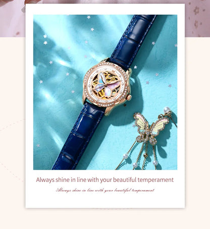 OLEVS 6615 Top Original Automatic Mechanical Wrist Watch for Women Luxury Elegant Diamond Hollow Colorful Butterfly Ladies Watch