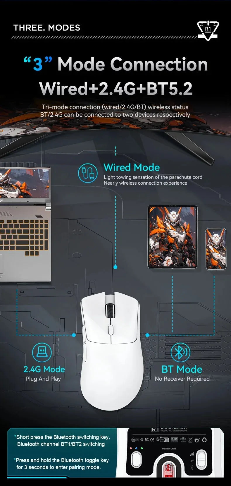 Attack Shark R1 Wireless Gaming Mouse, Tri-Mode Bluetooth Gaming Mouse with PAW3311 Sensor, 18000 DPI, 1000Hz Polling Rate, Rechargeable Ergonomic Gaming Mouse