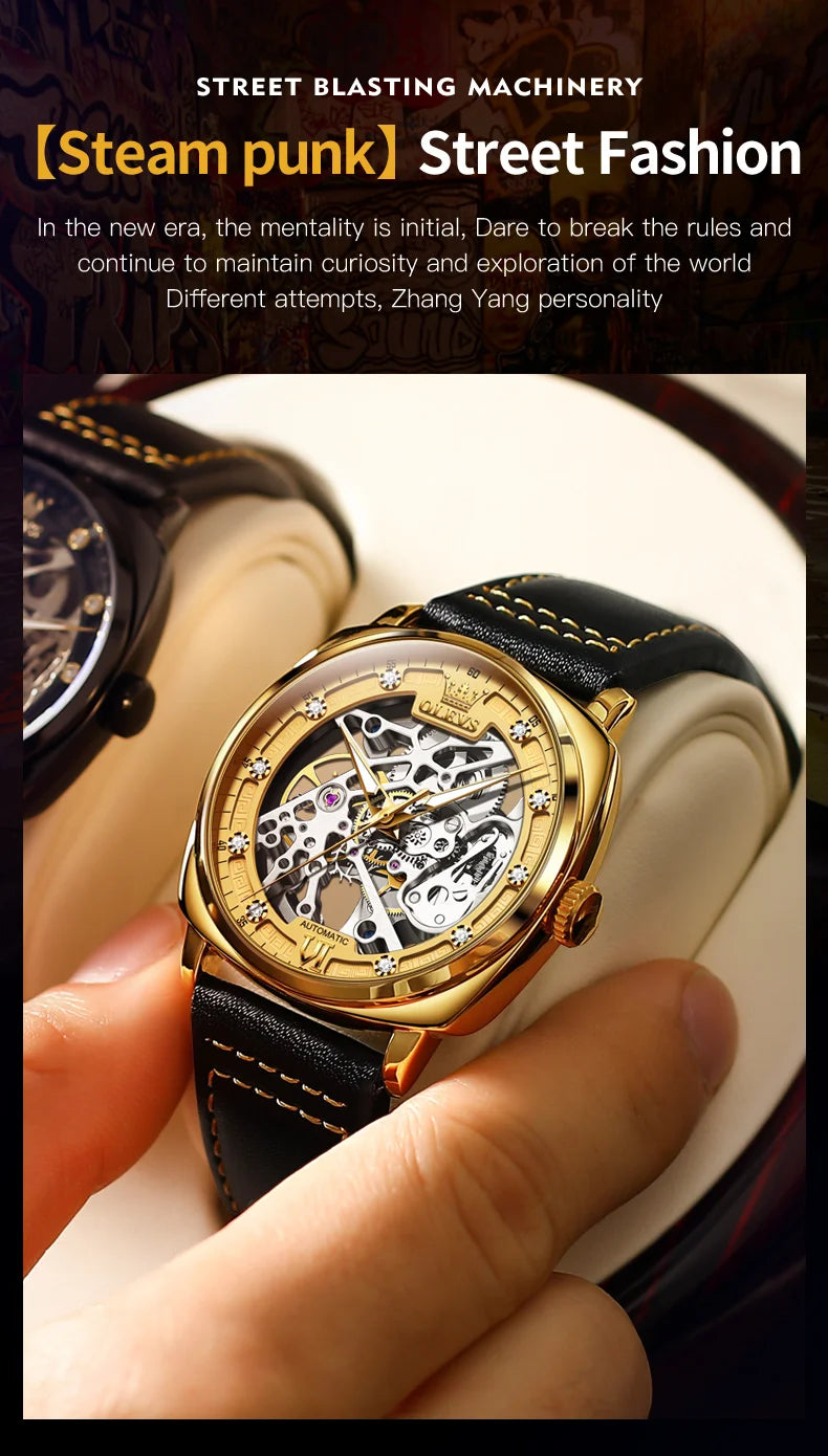 OLEVS 6651 Men's Watch Classic Automatic Mechanical Watch For Men Hollow Skeleton Clock Luxury Leather Waterproof Wrist Watches