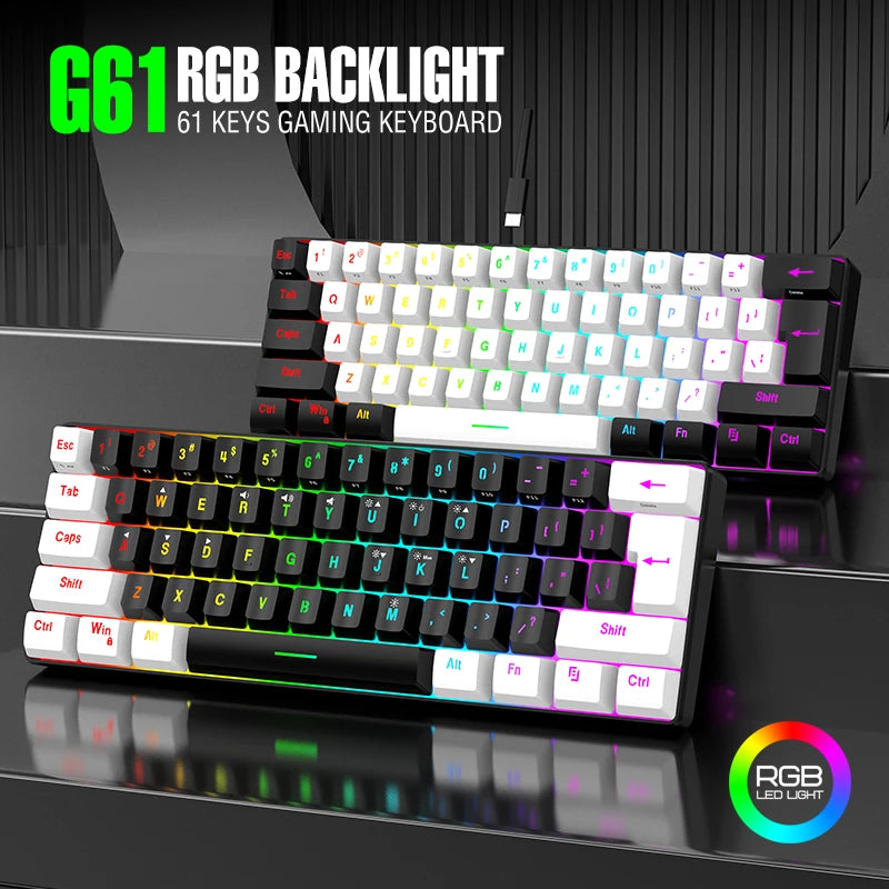61-Key Wired White, Black and Blue Switch Waterproof Mechanical Keyboard RGB Illuminated Game and Office Kit PUBG Gamer Backlit