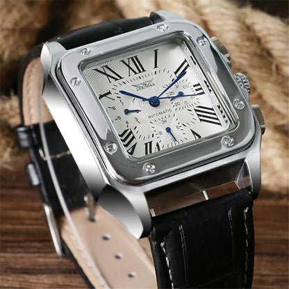 Fashion Jaragar Top Brand Men's Stylish Casual Skeleton Automatic Watch Multifunction Genuine Leather Strap Square Dial Business
