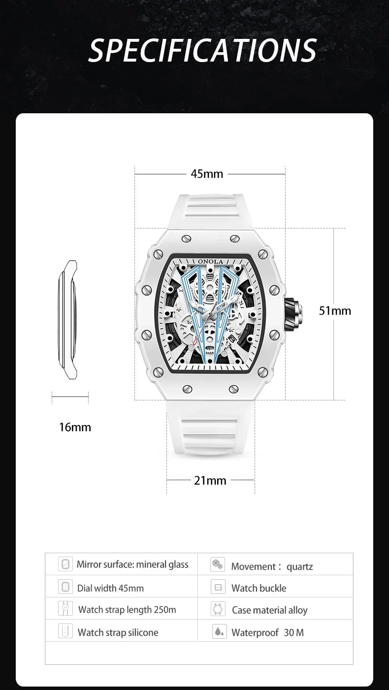 Gift Box Watches for Man ONOLA 3826W Trend White Men Watch Tonneau Calendar Waterproof Silicone Strap Relogios Masculino