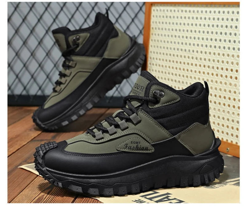 Men'S Black And White Mid Top Hiking Boots Waterproof Leather Platform Sneakers Non Slip Outdoor Casual Shoes With Rugged Sole