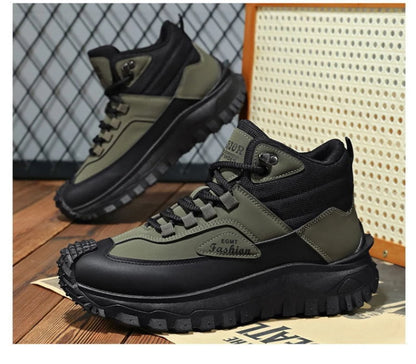 Men'S Black And White Mid Top Hiking Boots Waterproof Leather Platform Sneakers Non Slip Outdoor Casual Shoes With Rugged Sole