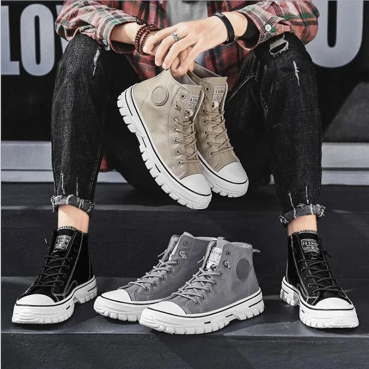 Men's Canvas Shoes Male High Top Casual Breathable Sports Shoes Gray Skateboarding Vulcanized Shoes Comfort Sneakers 2025 New
