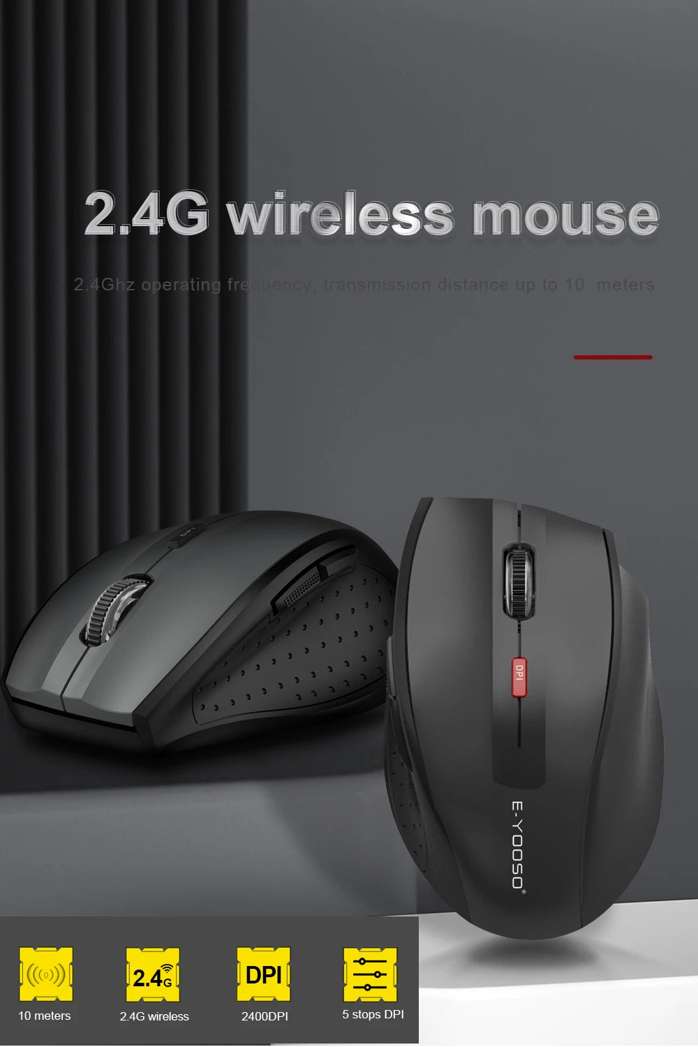 Rato E-YOOSO E-1010 USB 2.4G sem fios para gaming e escritório, 2400 DPI, ótico e ergonómico, para portátil, PC e computador