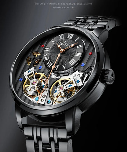 AILANG Top Brand Luxury Watch Men Automatic Luminous Black Clock Men Double Tourbillon Waterproof Mechanical Watch Relogio