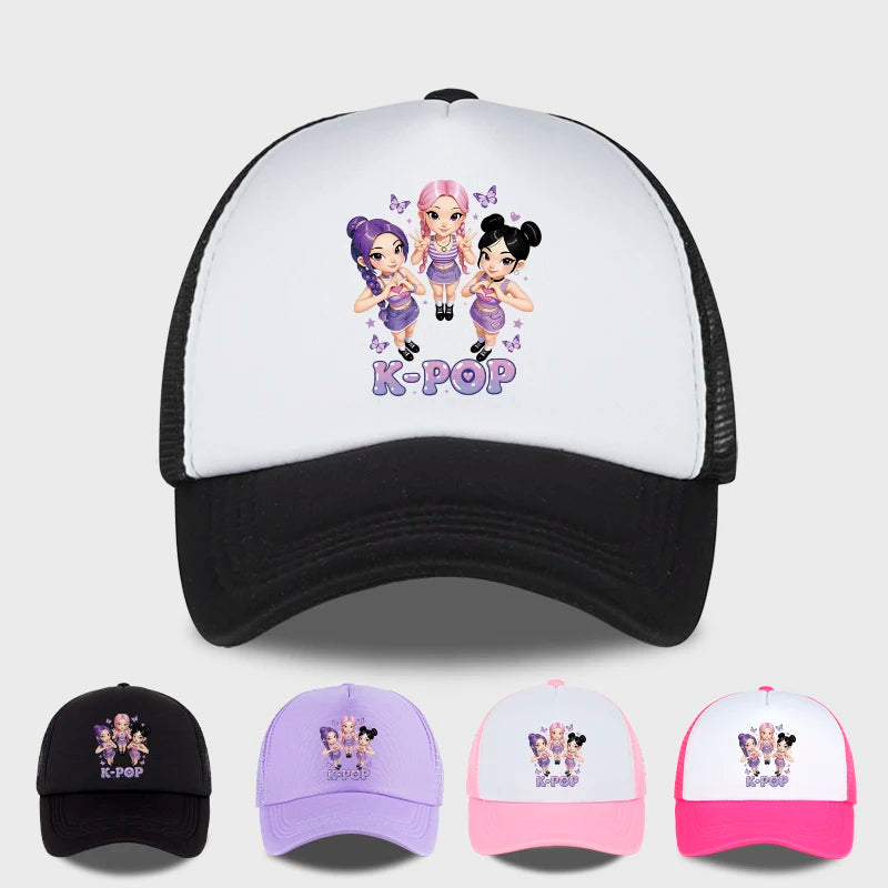 K-POP Cute Cartoon Girl Group Print Sponge Mesh Cap | Unisex Adjustable Mesh Baseball Cap | Y2K K-Pop Fan Street Style Sun Hat