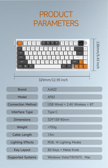 Teclado AJAZZ AF82 Office Low Profile RGB com fios/sem fios para gaming, layout 75%, 82 teclas, bateria de 4000mAh para Win/Mac